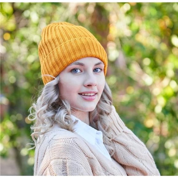 Men\'s Fleece Lined Cuffed Beanie Knitted Winter Wool Beanies, Gold main image 6